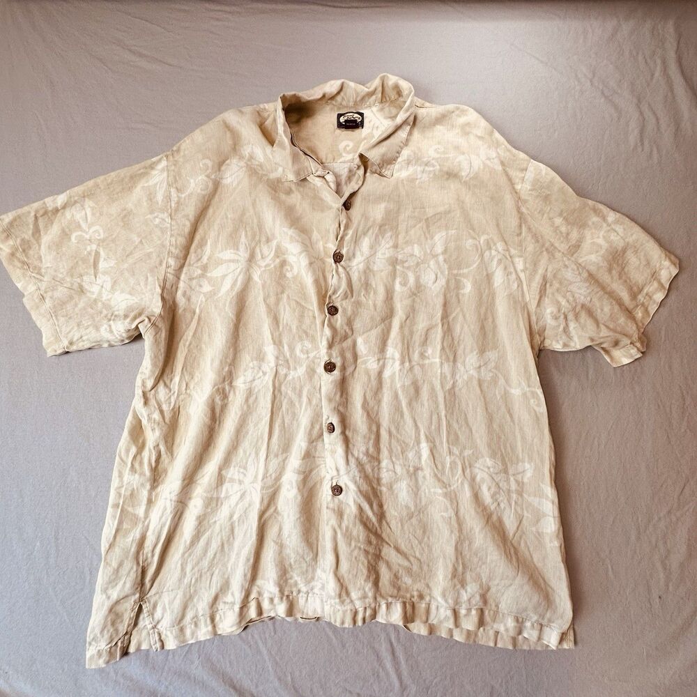 Tommy Bahama Hawaiian Linen Shirt Mens 2XL Short Sleeve Button Up Floral Beige